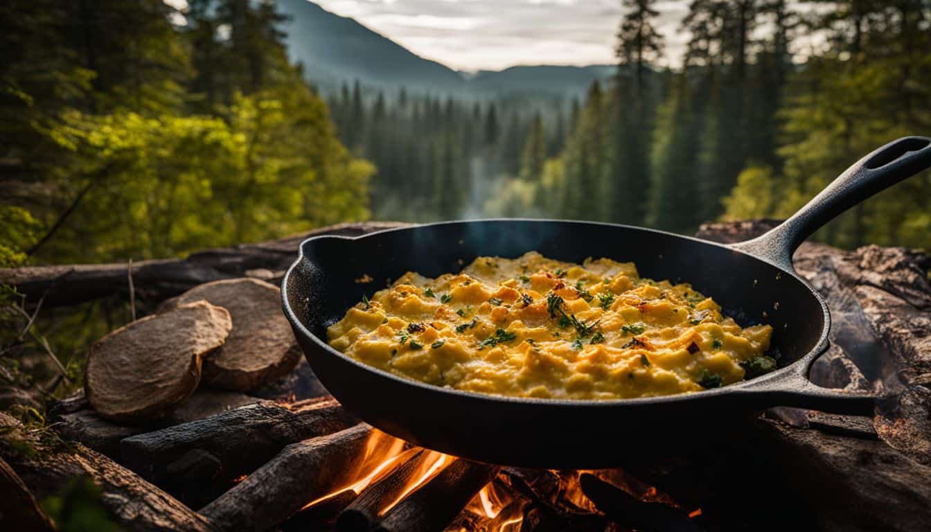 A photo of golden campfire scrambled eggs in a forest setting.