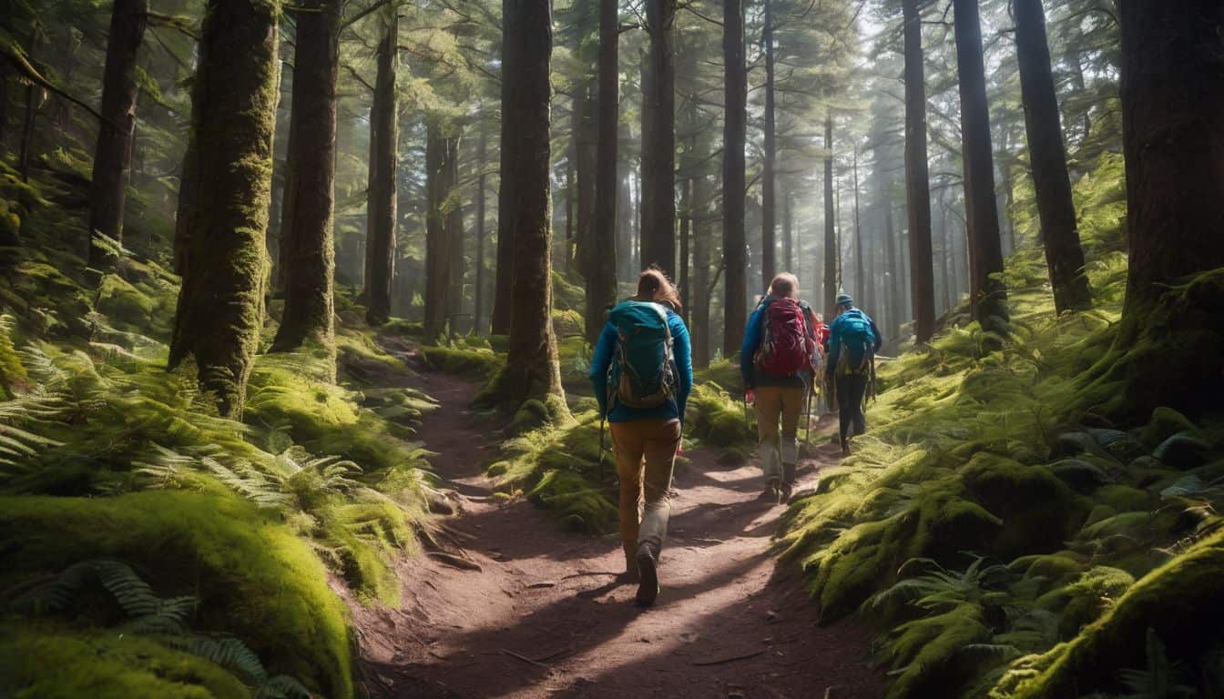 A diverse group of hikers following Leave No Trace guidelines in a pristine forest.