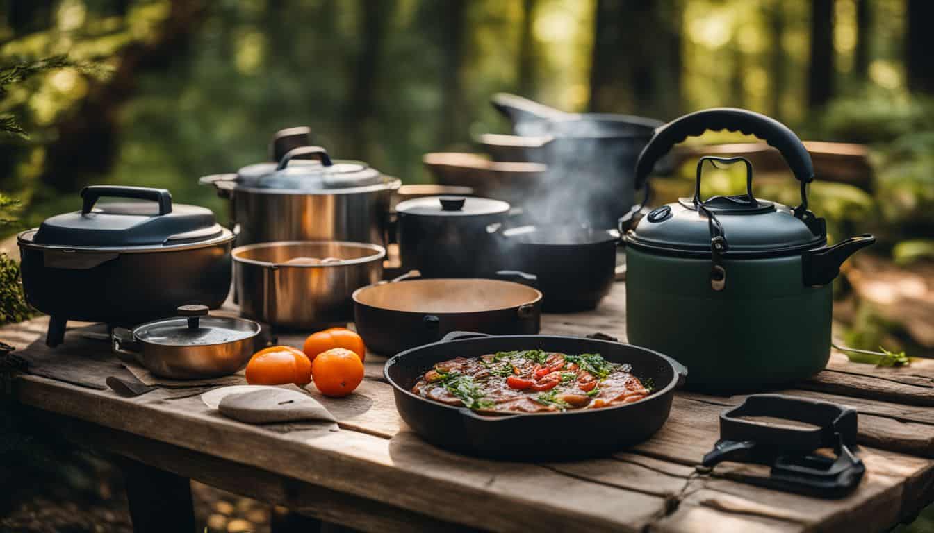 Camping cooking gear arranged on a wooden table in a lush forest.