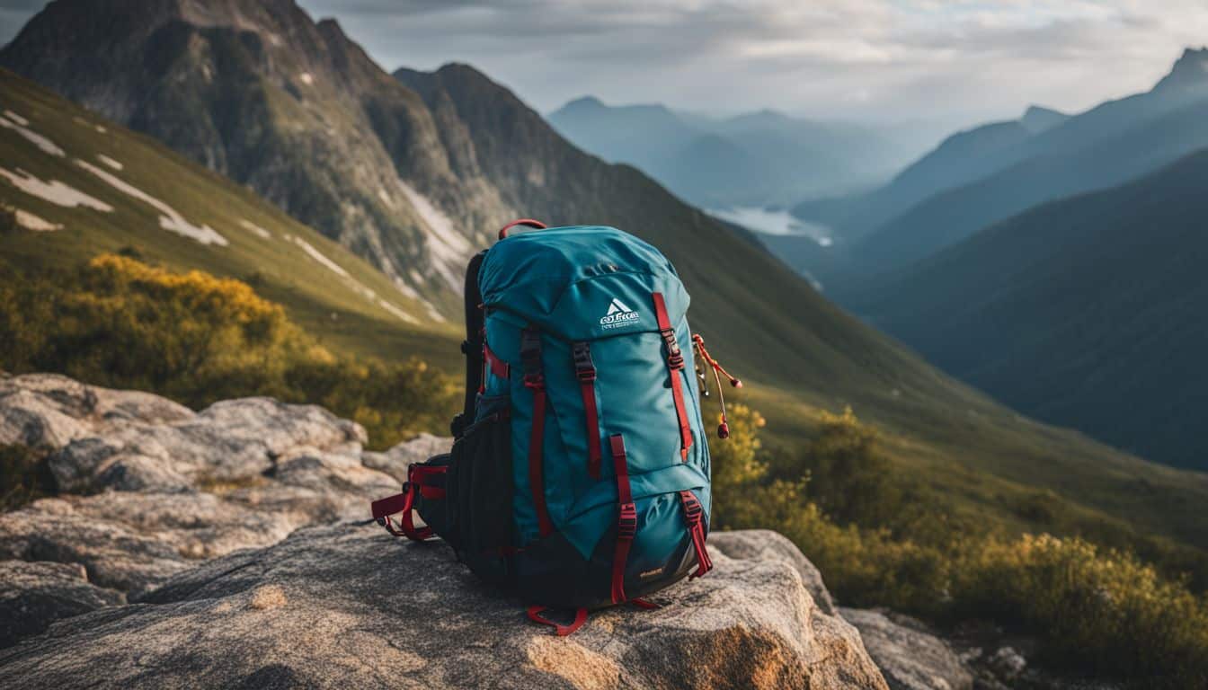 A compact backpack with essential survival gear in a mountainous landscape.