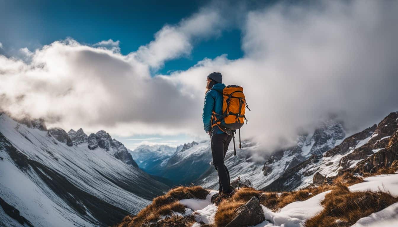 A backpacker in a snowy wilderness fully geared for survival.