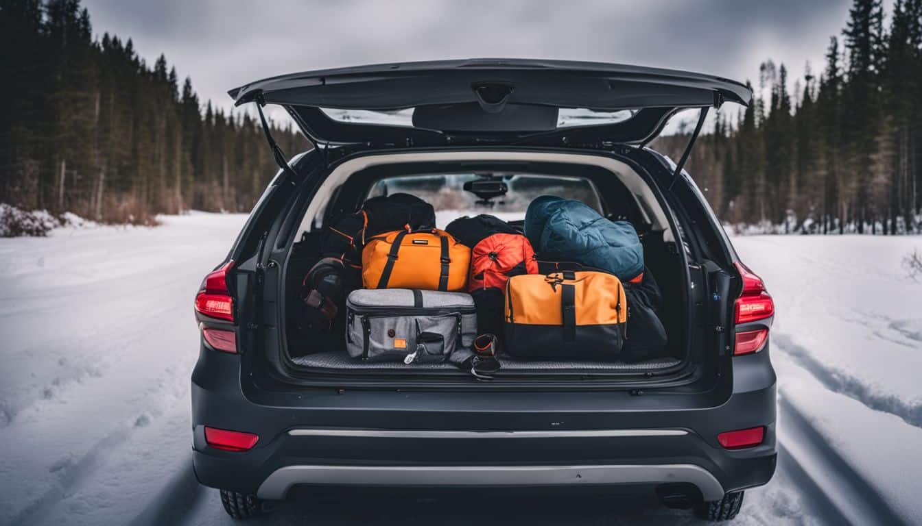 A packed car trunk with winter survival gear surrounded by snowy landscape.