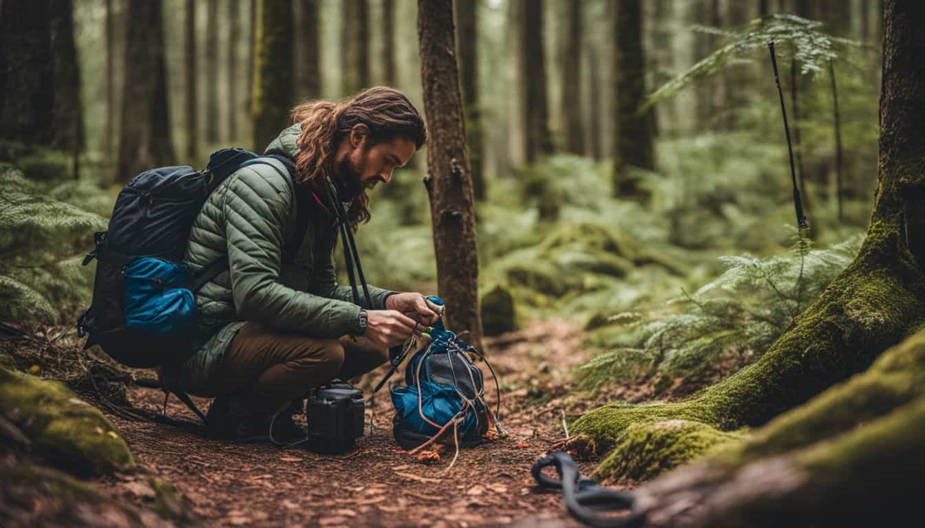 A backpacker tying survival knots in a forest.