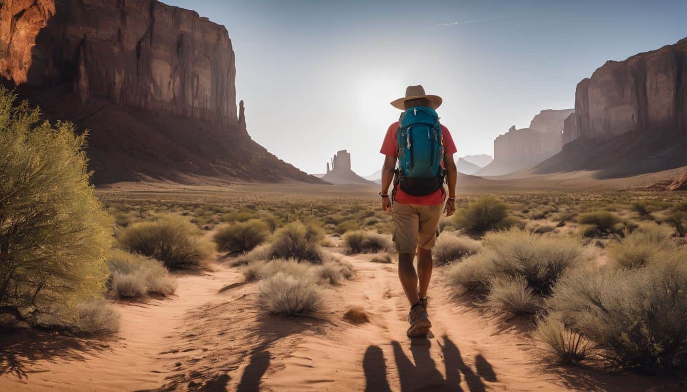 A person explores a desert landscape with a hydration backpack.