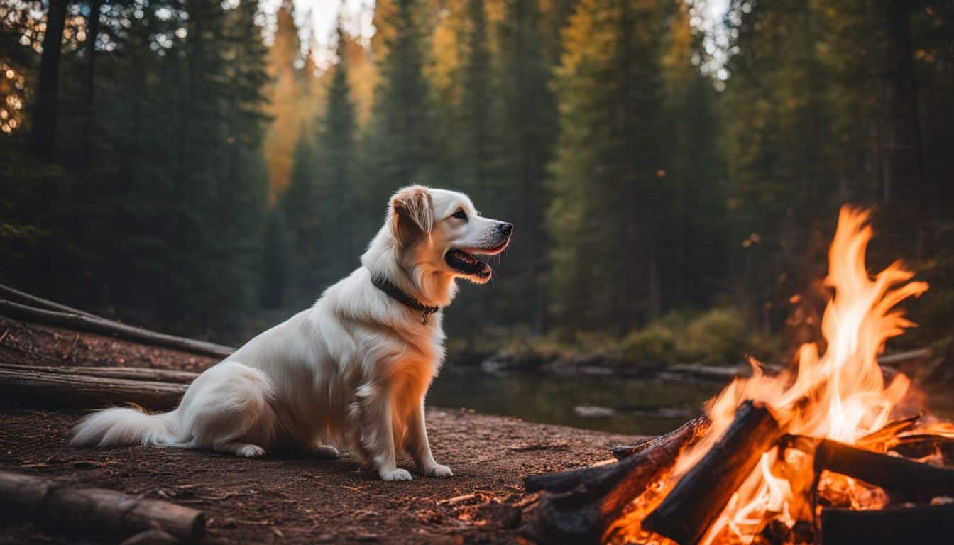 A well-behaved dog sitting beside a campfire in a peaceful forest.