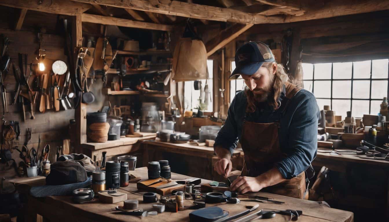 A person crafting survival gear in a workshop surrounded by tools.