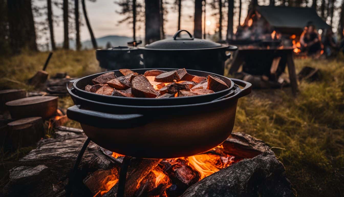 A Dutch oven surrounded by glowing embers and rustic camping cookware.