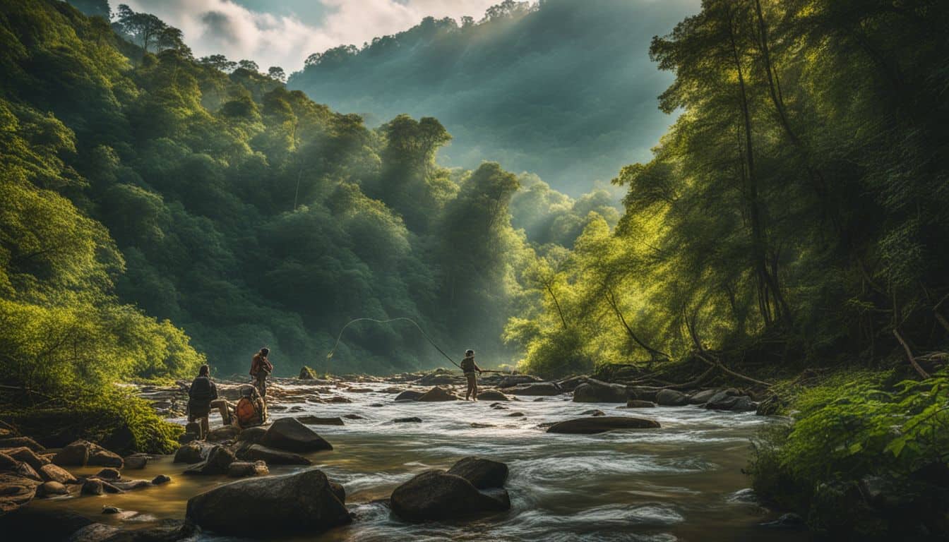 A tranquil river with improvised fishing gear set up in a lush forest.