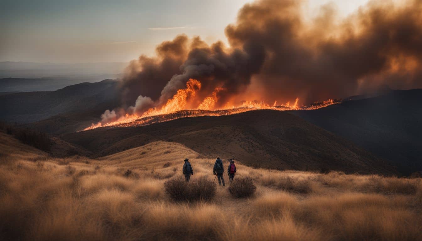 A wildfire spreading across a dry, windy landscape.