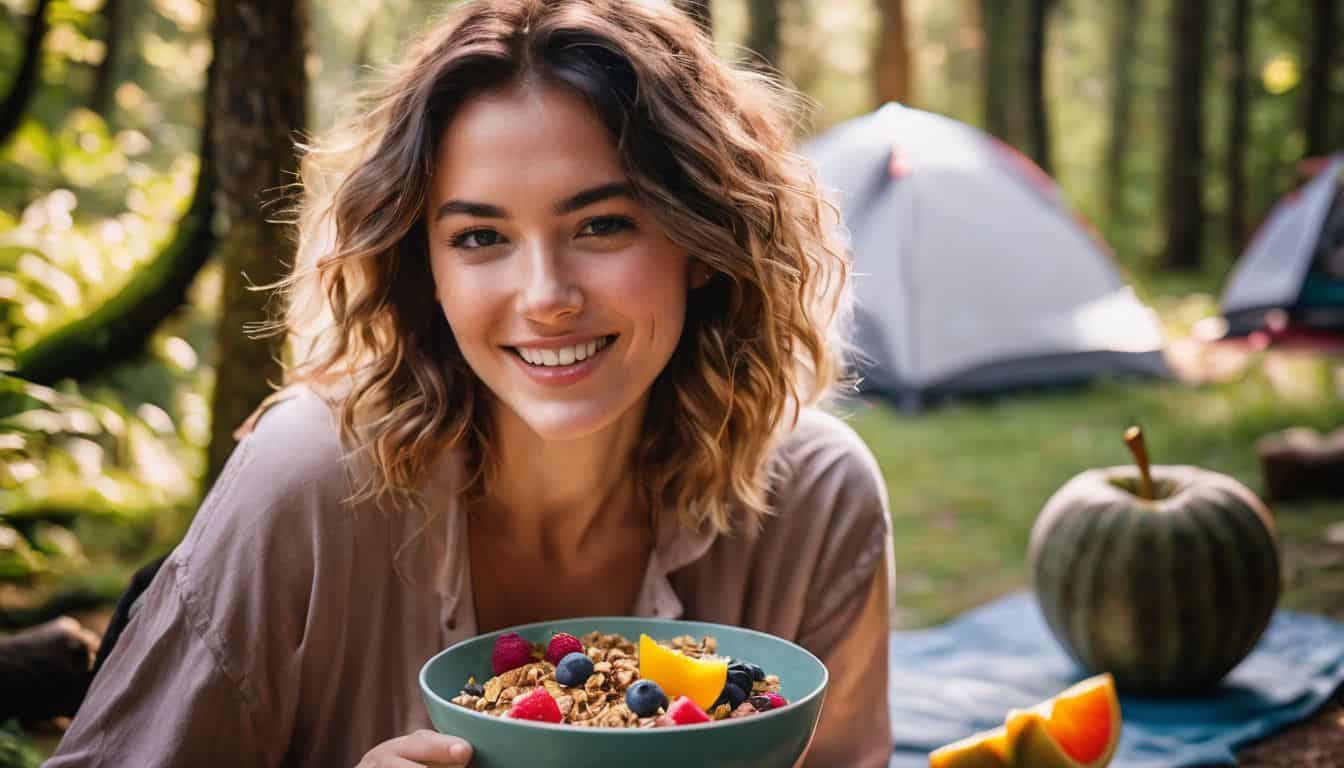 A person enjoying a colorful fruit and granola bowl at a campsite.