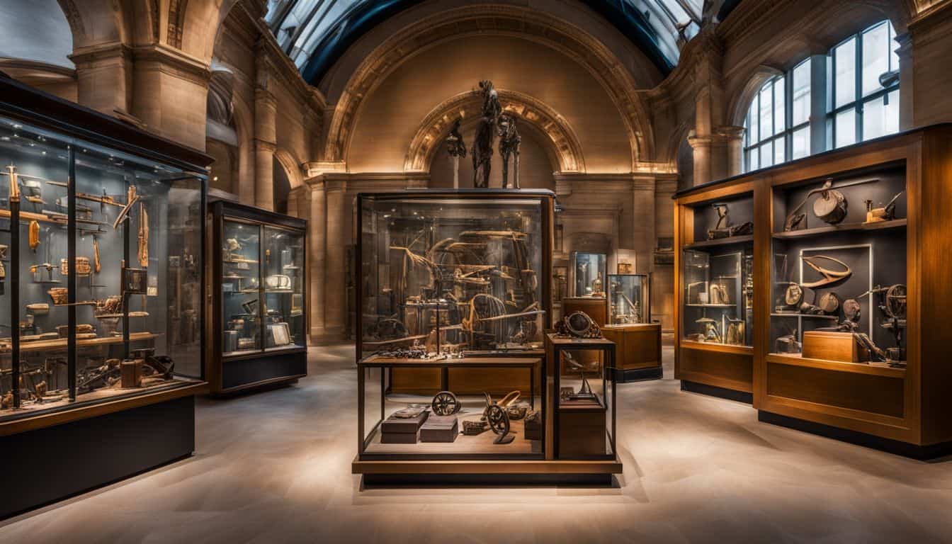 A display of ancient and modern tools at a natural history museum.