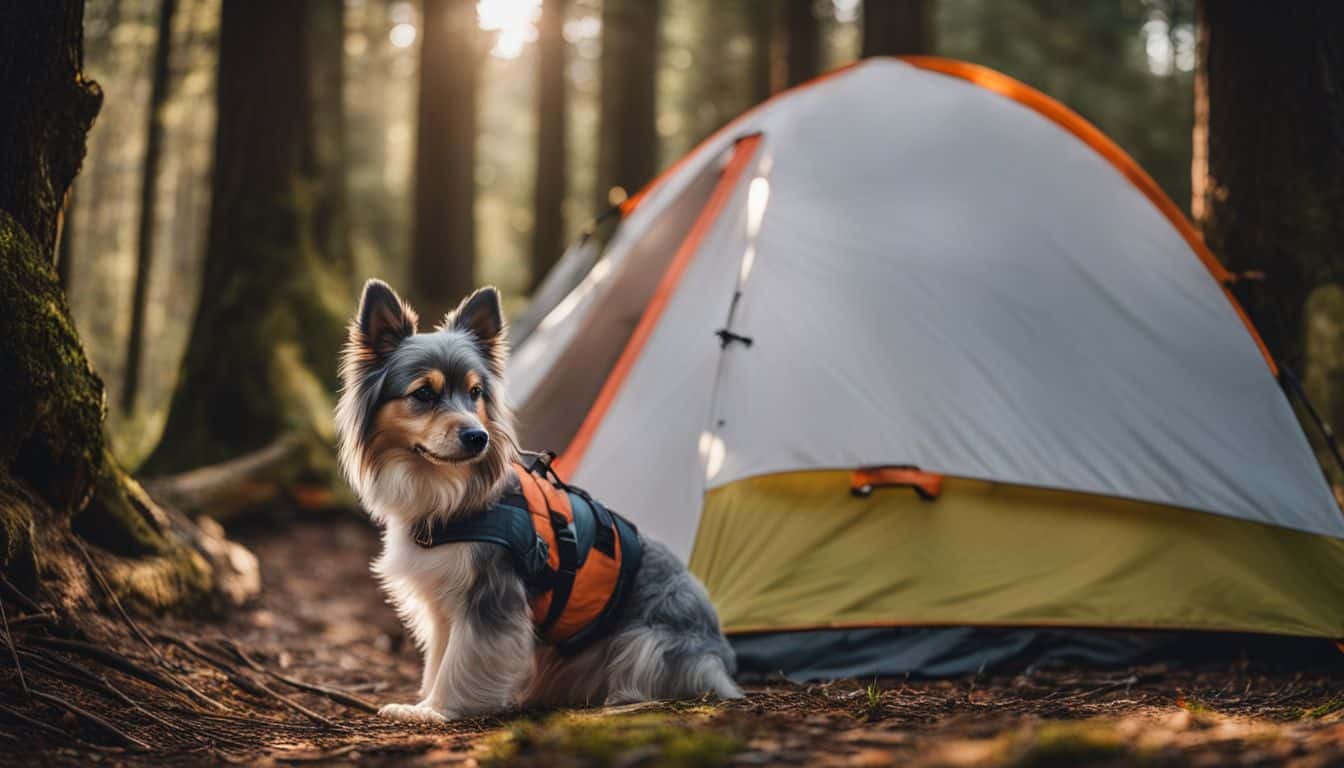 A dog sits beside a camping tent in a forest.