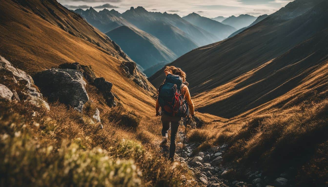 A backpacker treks through rugged terrain with durable gear.