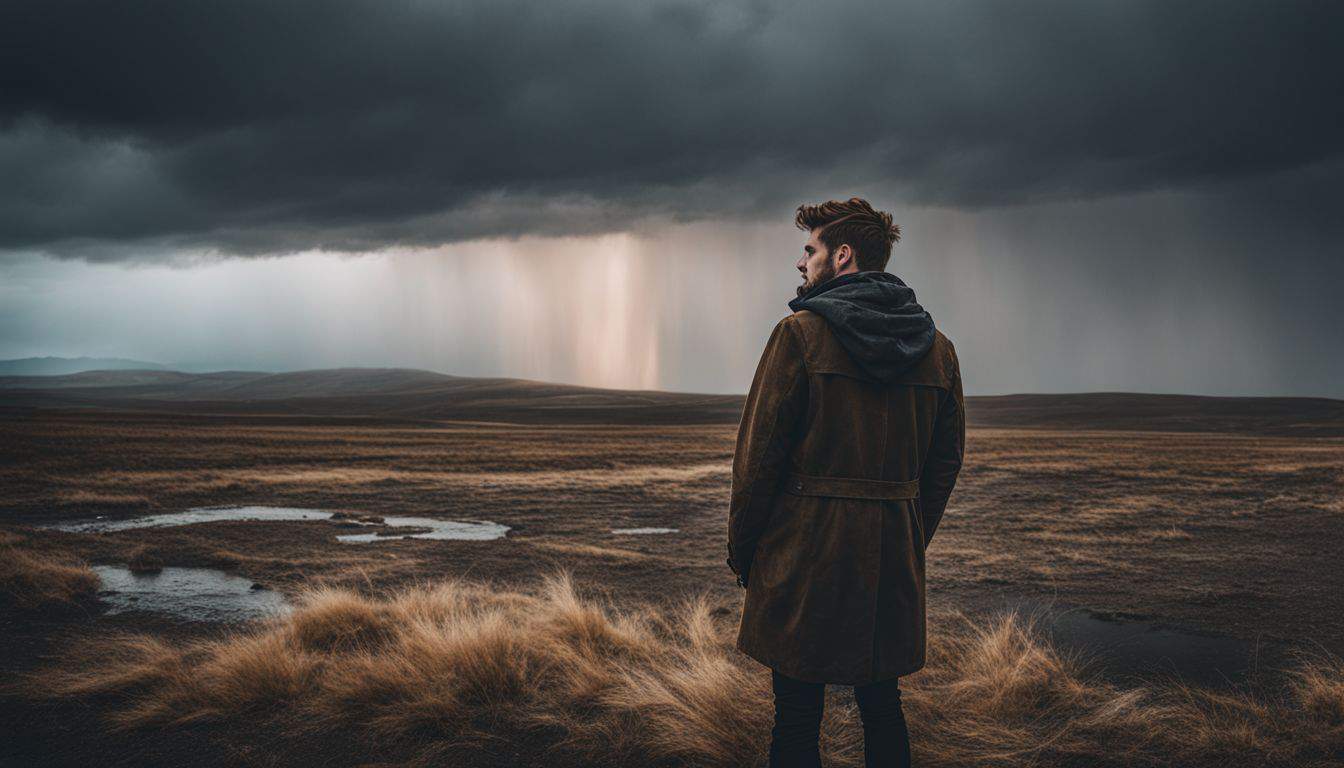 A person stands alone in a storm-ravaged landscape, captured in high-definition.