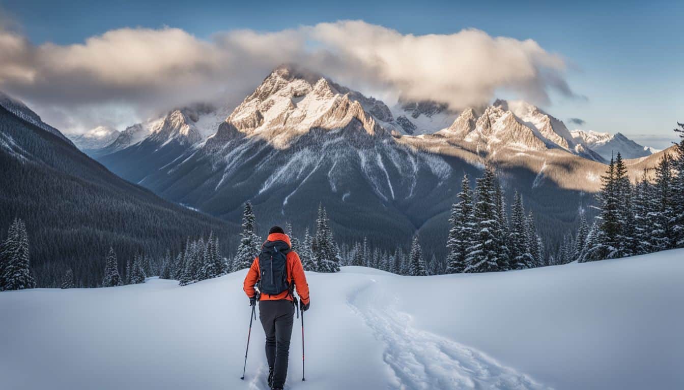 A hiker wearing cold-weather gear in a snowy mountain landscape.