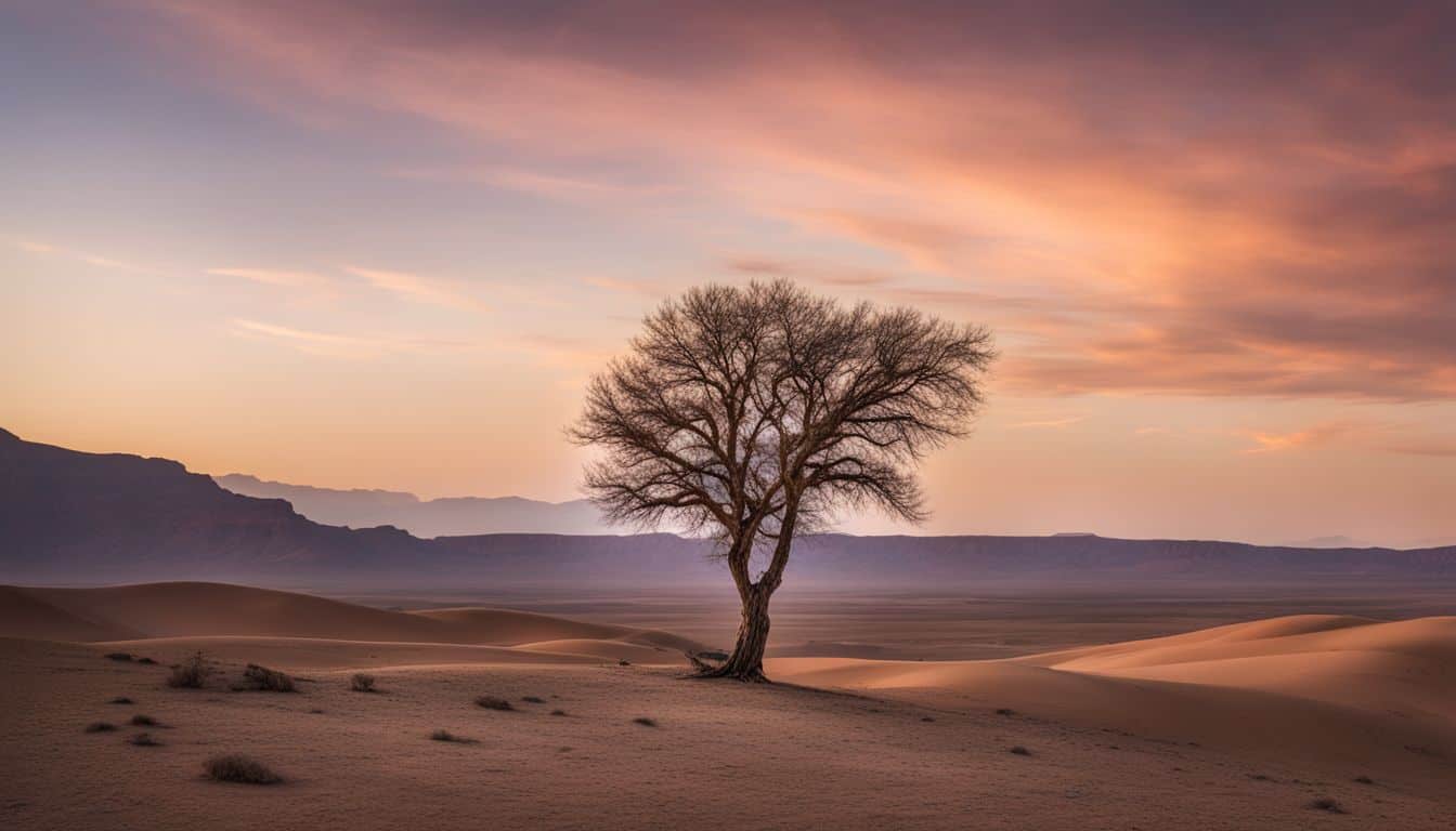 A resilient tree stands alone in a harsh desert landscape.