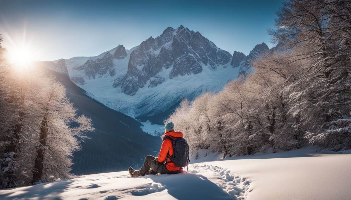 A lone hiker resting in wintry landscape under snowy mountain.