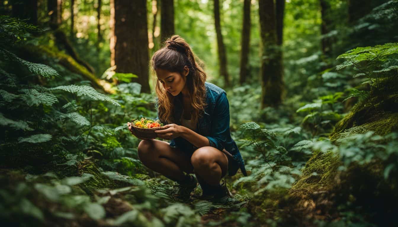 A person gathering wild edibles in a lush forest setting.