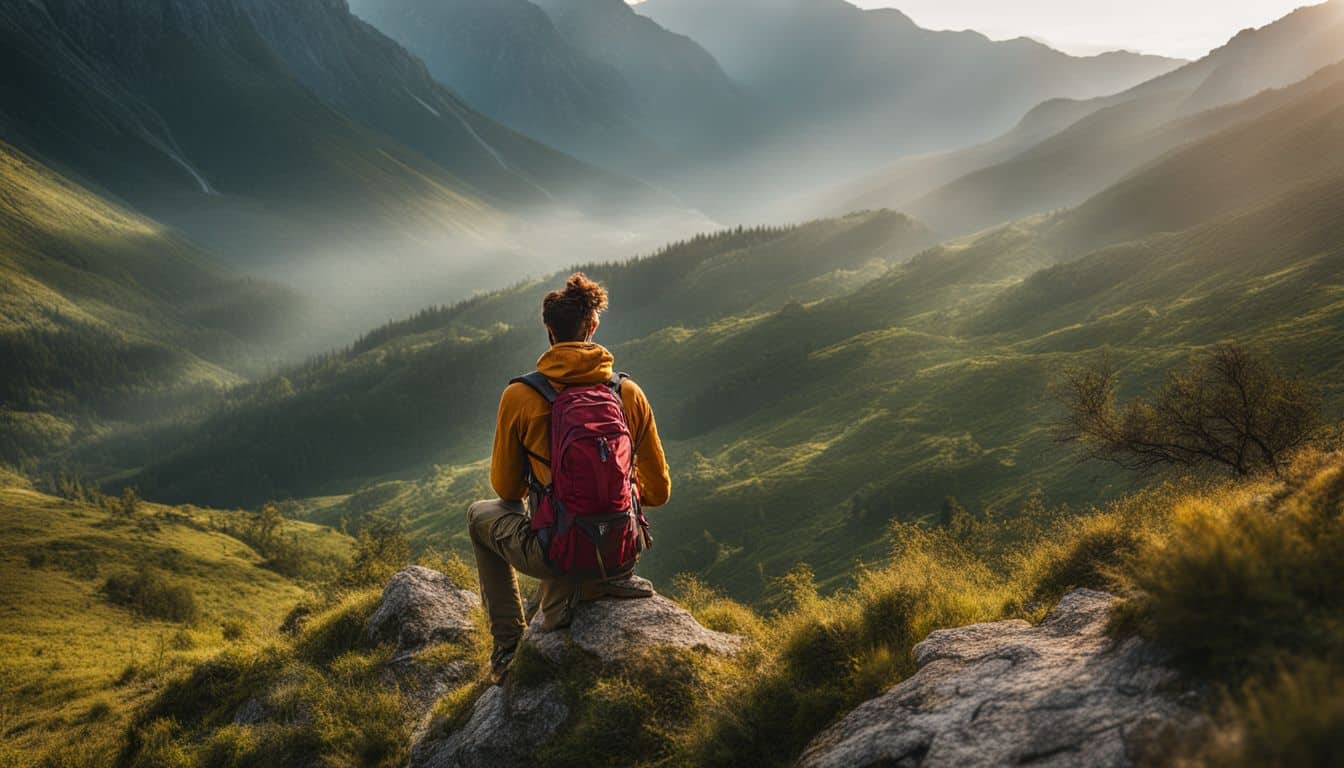 A hiker taking in the natural beauty of a lush landscape.