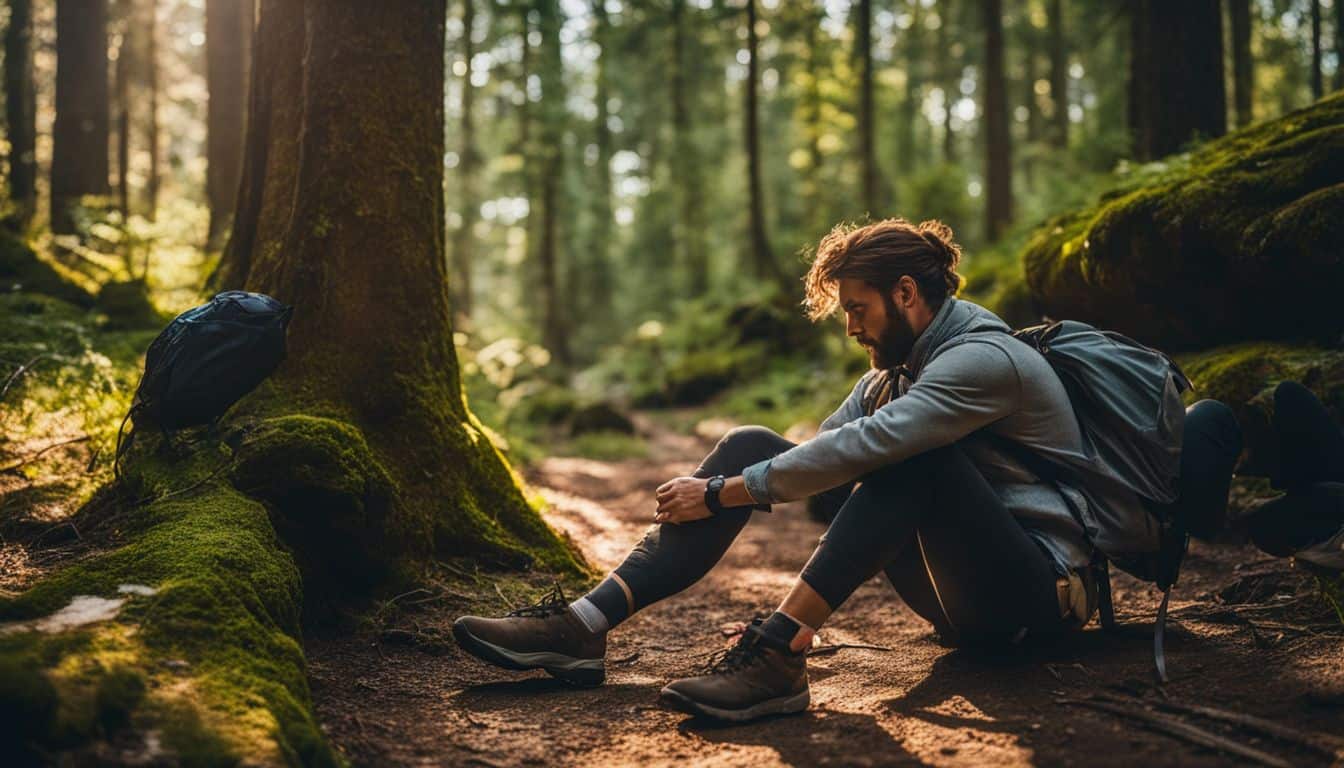 A hiker with a sprained ankle receiving first aid in a forest.