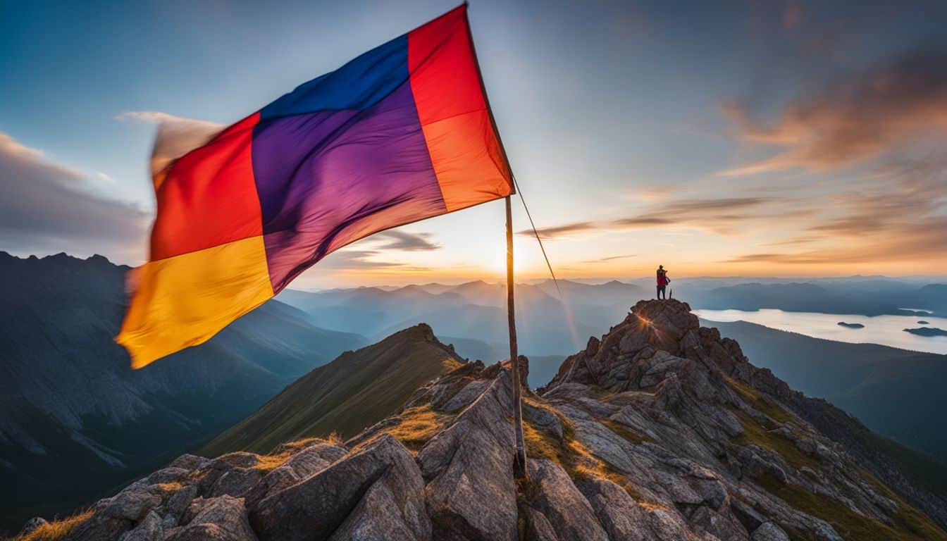 A distress flag waves on a remote mountain peak in nature.