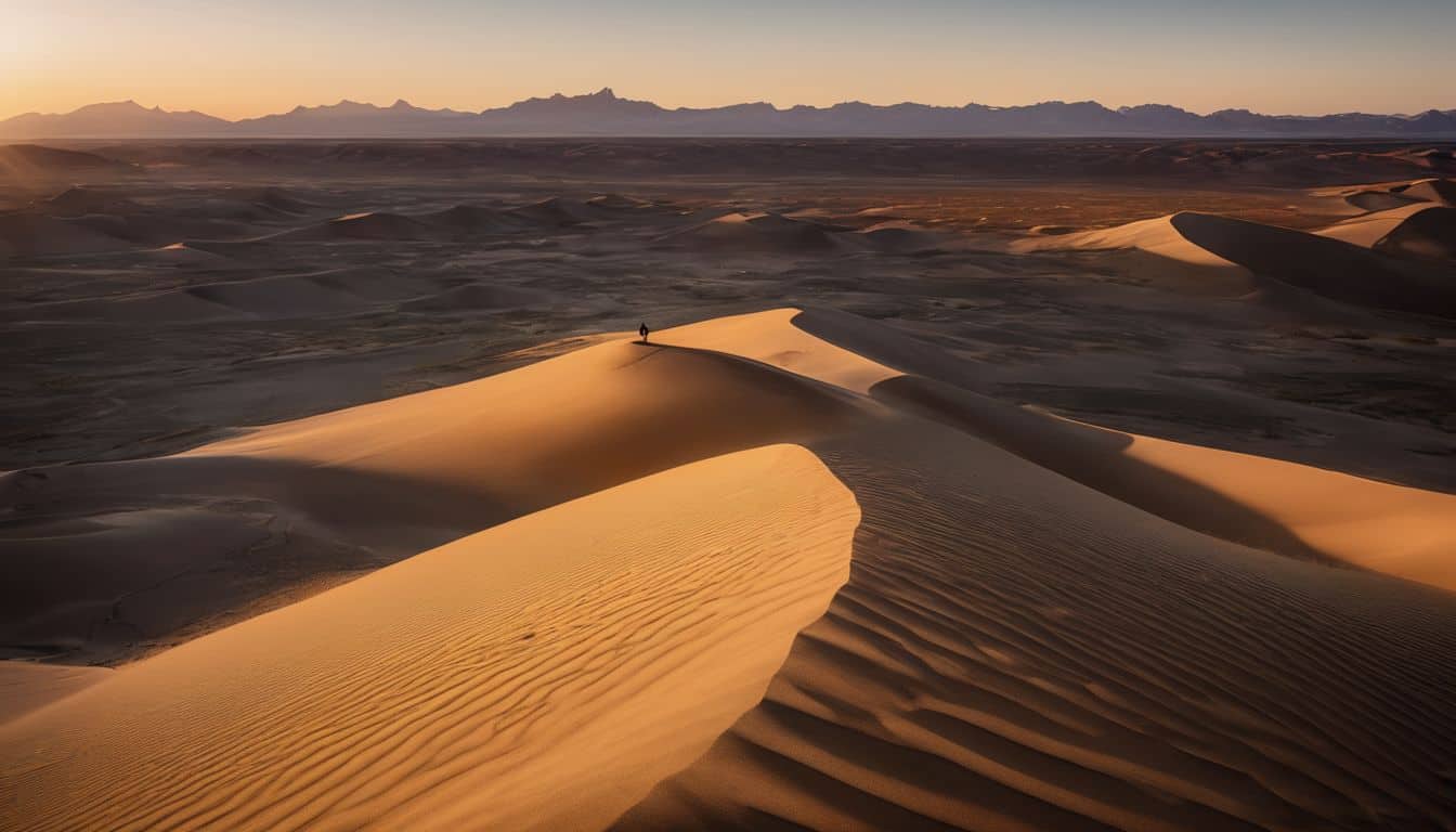 A person navigating through a vast desert landscape using the sun.