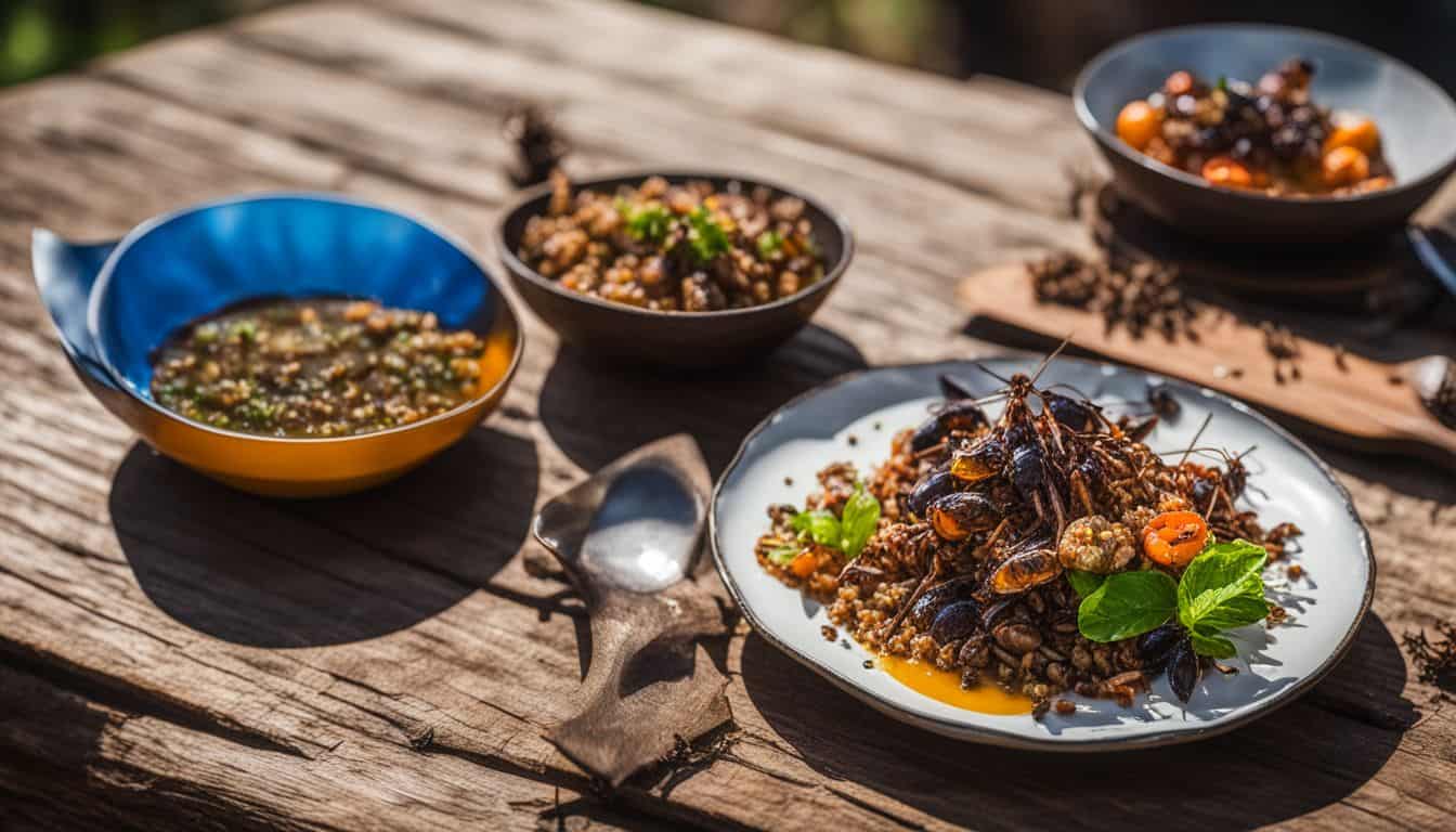 A plate of gourmet insect cuisine on a rustic outdoor table.