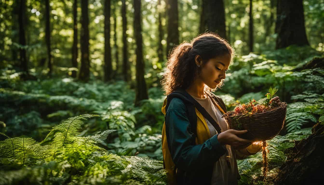 A person forages for wild plants and fungi in a lush forest.