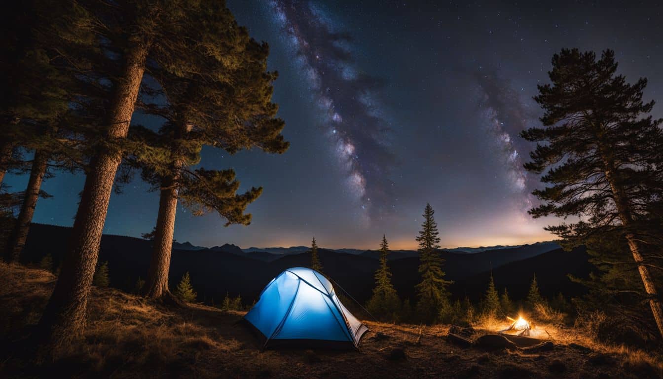 A solitary tent under a starry night sky in the wilderness.