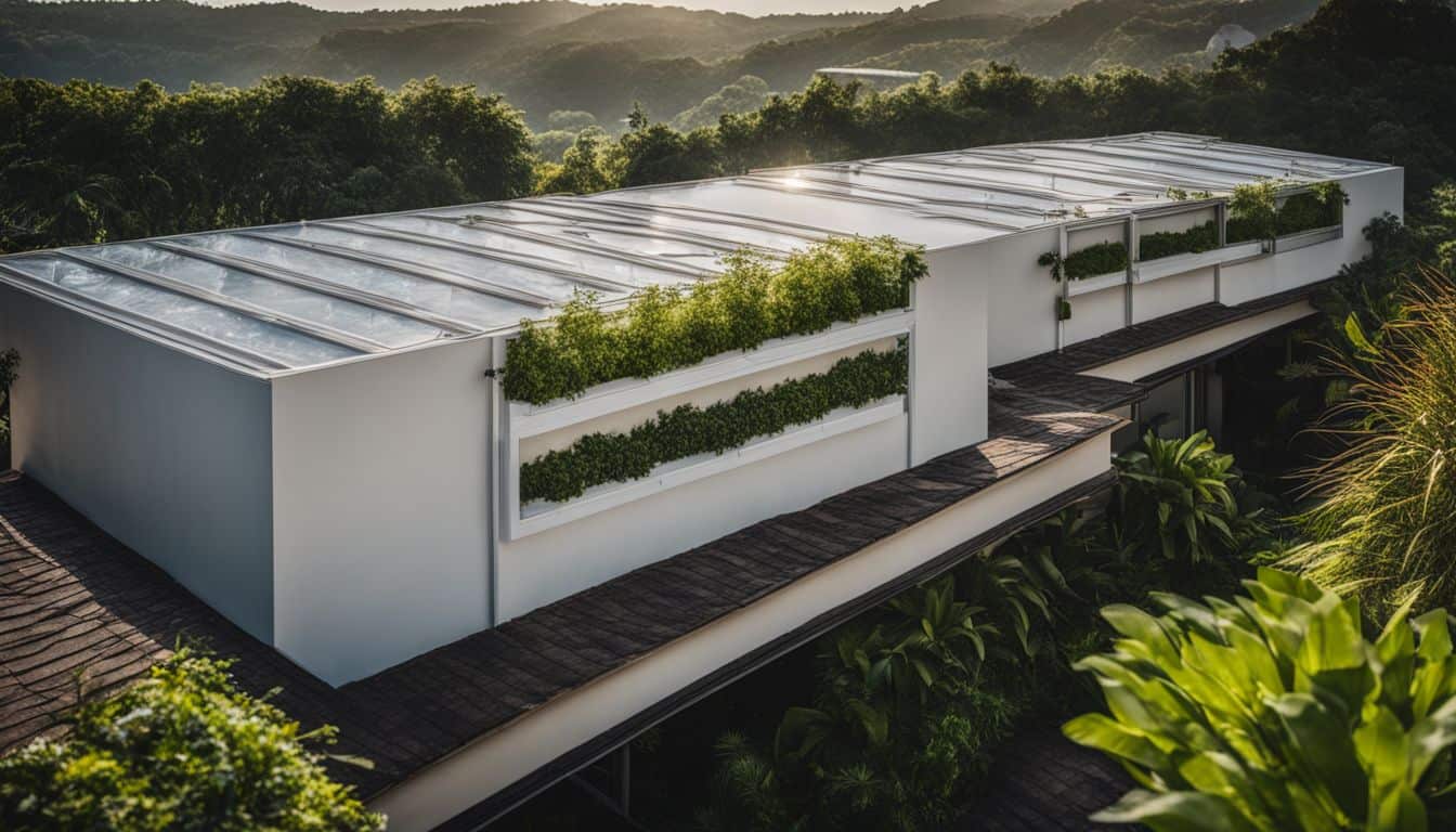 A rooftop rainwater collection system surrounded by lush greenery.