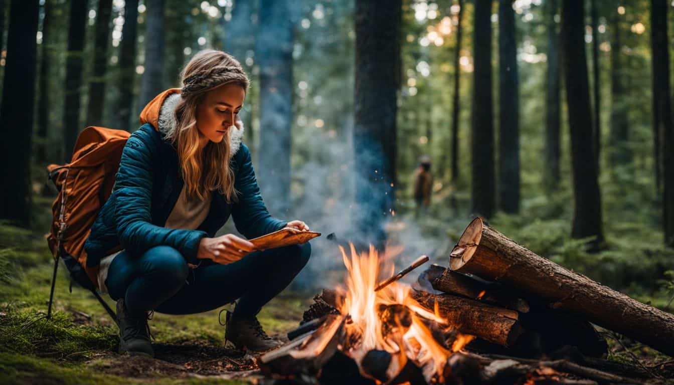 A person starting a campfire in the woods surrounded by natural materials.