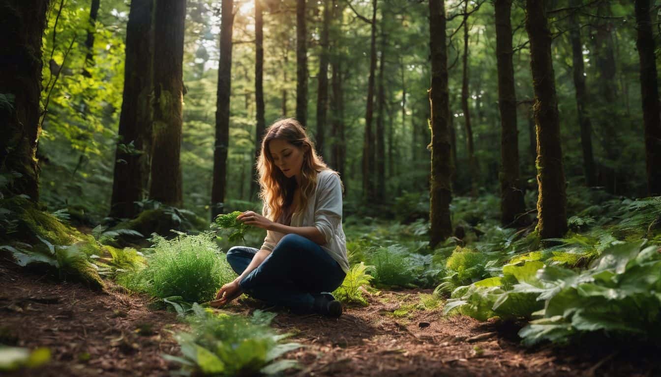 A person foraging for wild edibles in a forest clearing.