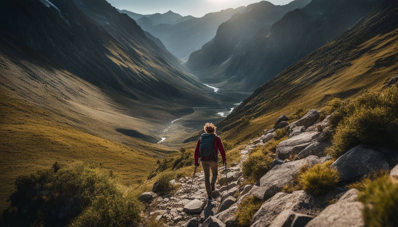 A hiker navigating rocky terrain in mountainous landscapes.